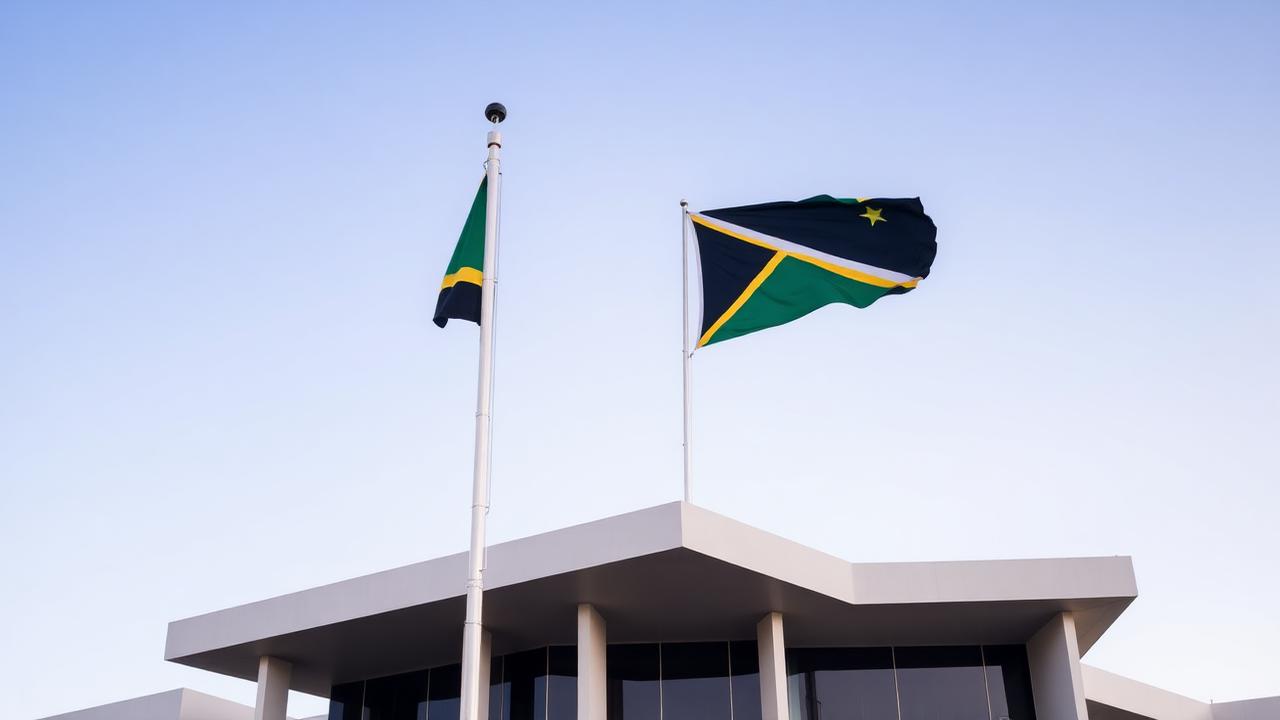 The Vanuatu national flag flying outside a modern government building