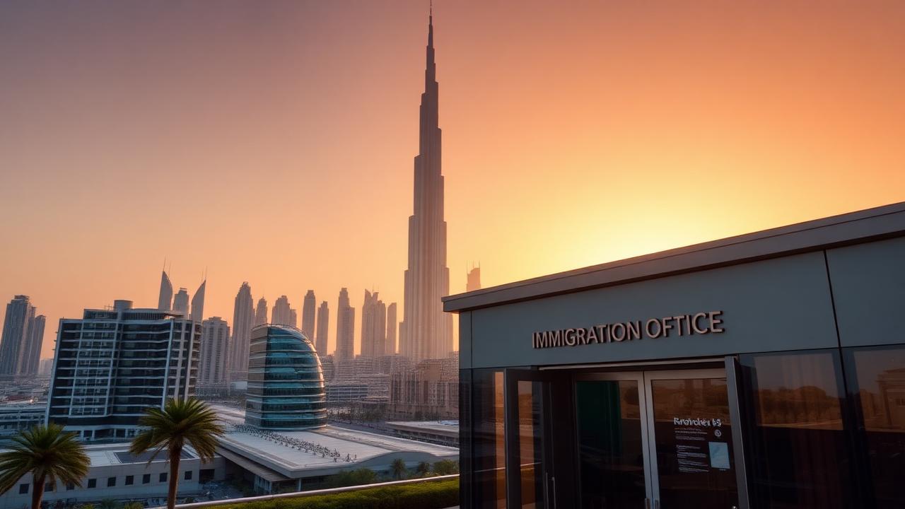 Dubai skyline at golden hour with a modern immigration office in the foreground